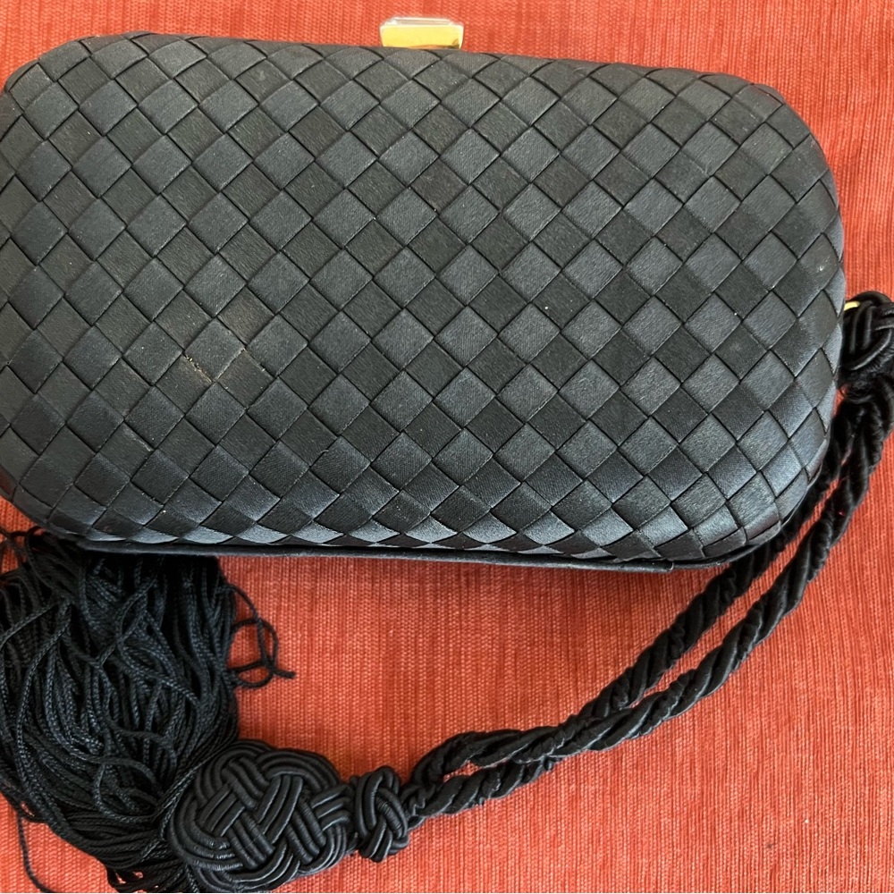 Bottega Veneta /Black Woven Satin Bag. Original Crystal Intreccio Tassel Clutch